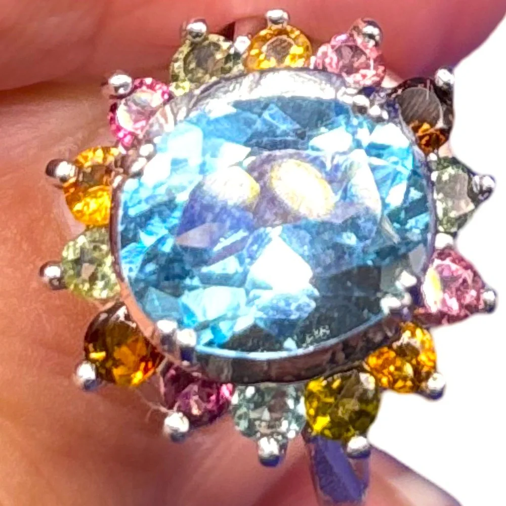 Elegant Blue and Multicolor Gemstone Ring 925 sterling silver Size 9